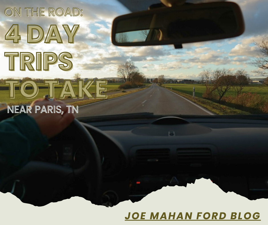 A photo of a car driving down the road, with the text: On the Road: 4 Day Trips to Take Near Paris, TN