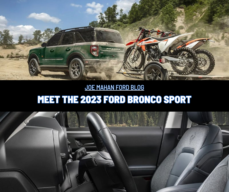 A graphic with 2 photos of the 2023 Ford Bronco Sport and the text: Joe Mahan Ford Blog - Meet the 2023 Ford Bronco Sport