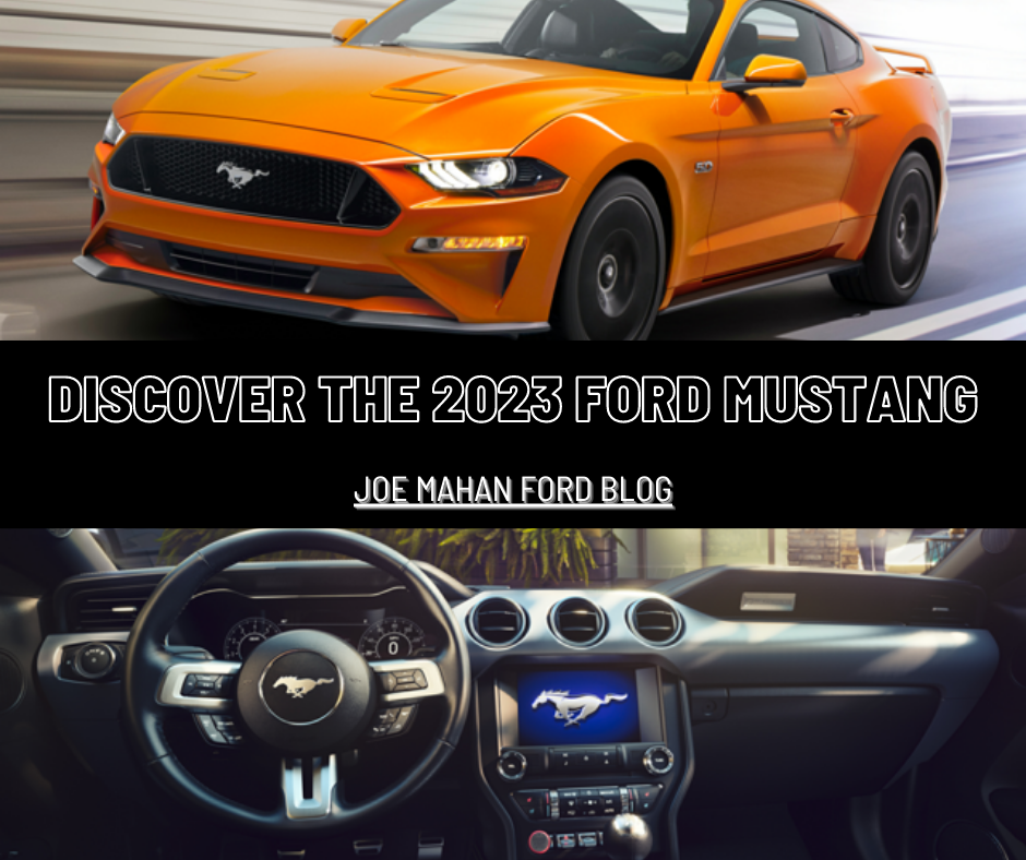 A graphic with 2 photos of the Ford Mustang and the text: Discover the 2023 Ford Mustang