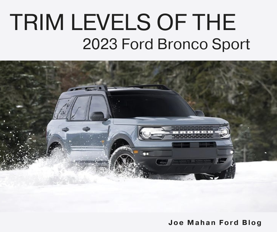 A photo of a 2023 Ford Bronco Sport driving in the snow and the text: Trim Levels of the 2023 Ford Bronco Sport