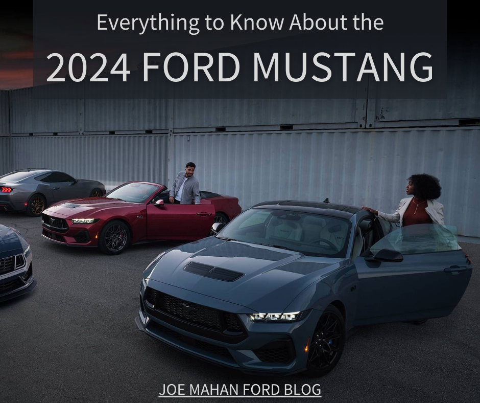 A photo of several ford mustangs and the text: Everything to Know About the 2024 Ford Mustang - Joe Mahan Ford Blog