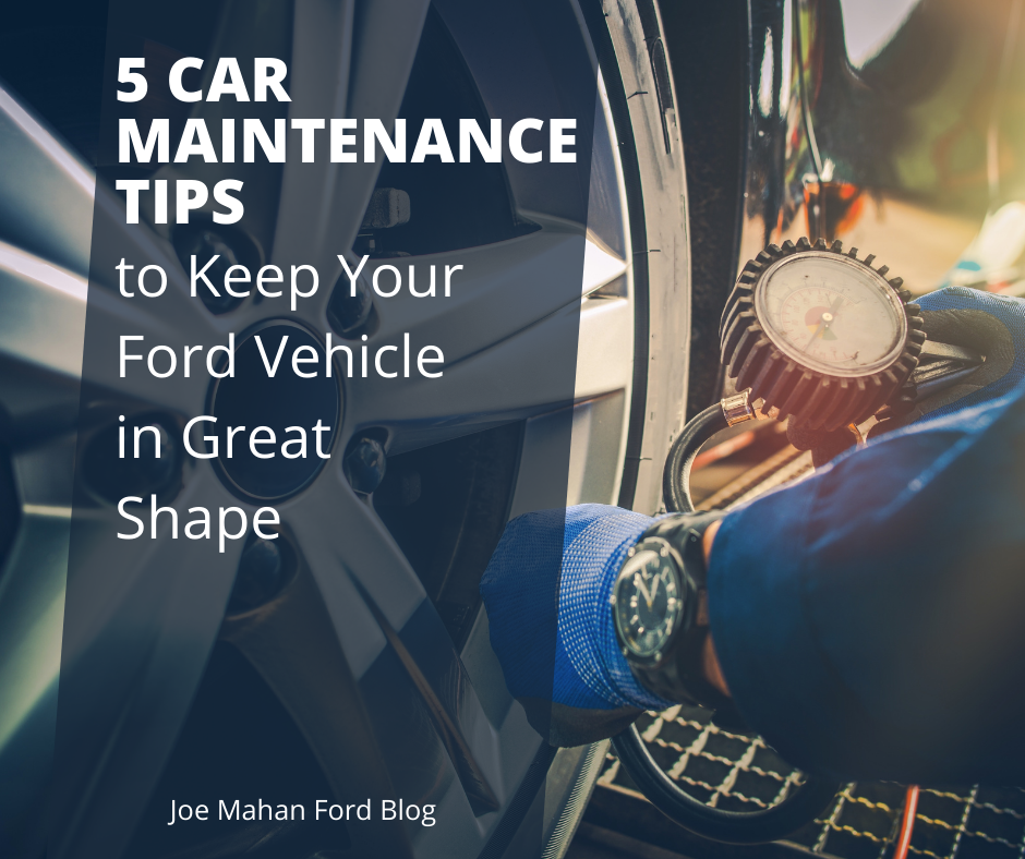 A photo of a mechanic checking a tire's air pressure and the text:5 Car Maintenance Tips to Keep Your Ford Vehicle in Great Shape