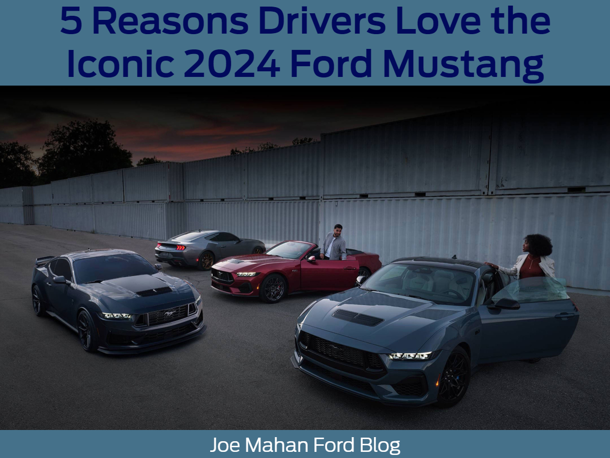 A graphic containing a photo of a group of Ford Mustangs parked and the text: 5 Reasons Drivers Love the Iconic 2024 Ford Mustang