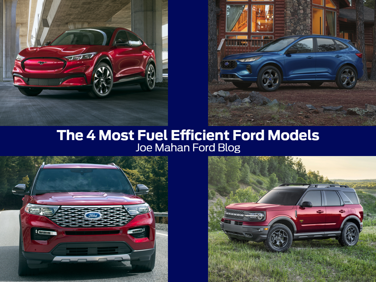 A graphic containing four images of Ford vehicles and the text: The 4 Most Fuel Efficient Ford Models